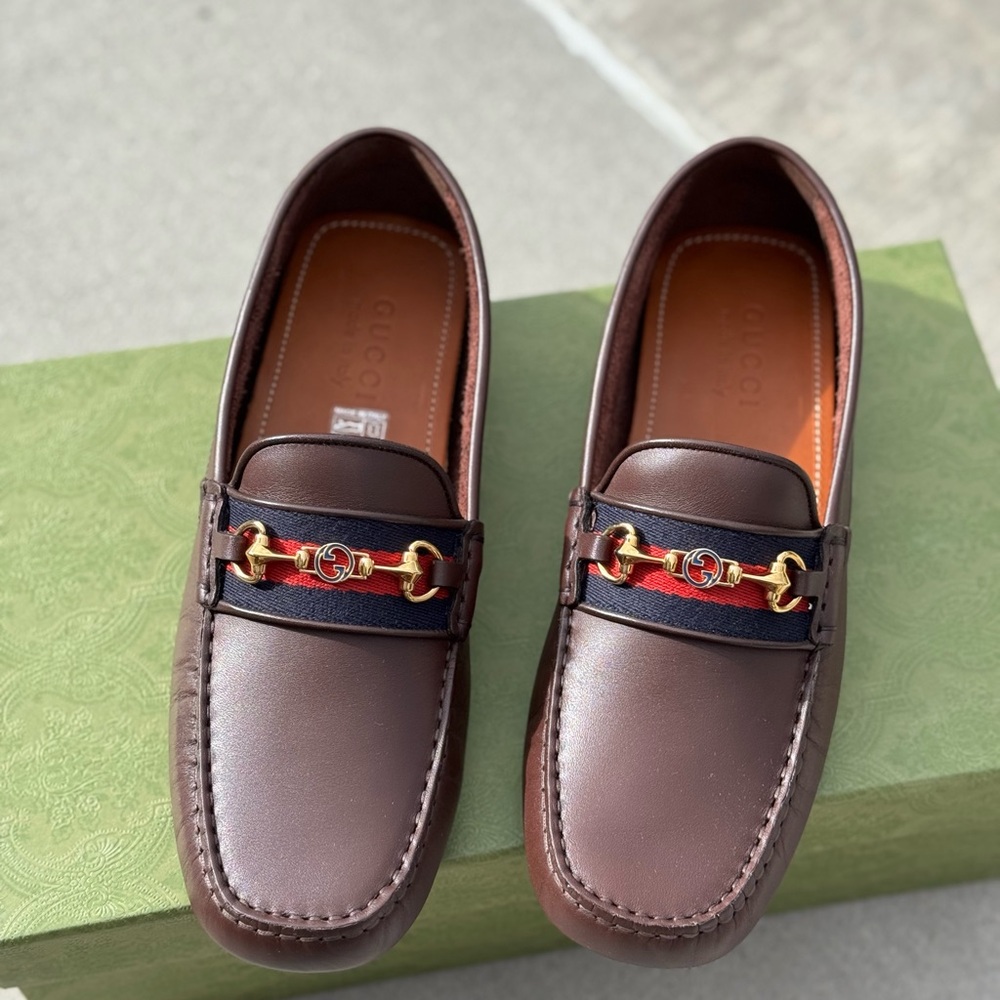 Gucci Brown and Gold Loafers with Elegant Accents